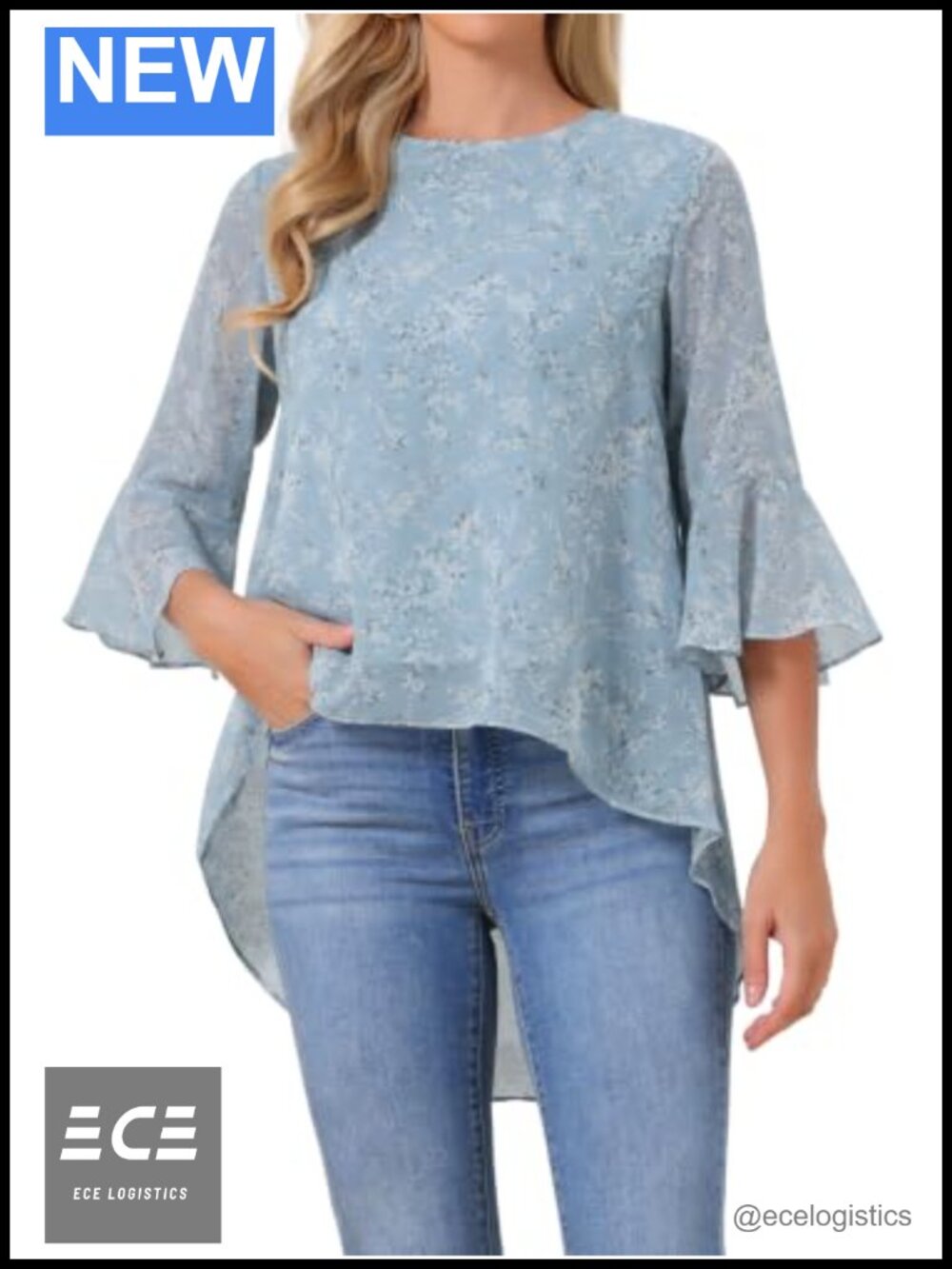 Women's High Low Floral Chiffon Blouse 3/4 Bell Sleeve Summer Tunic Top